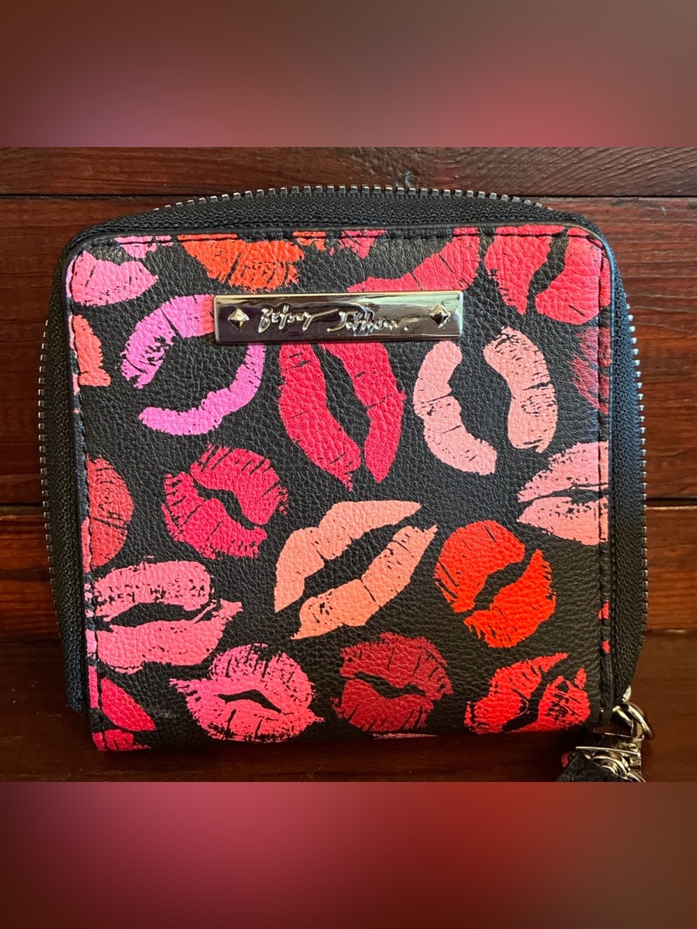 Betsey Johnson Black Wallet with Pink & Red Lip Print